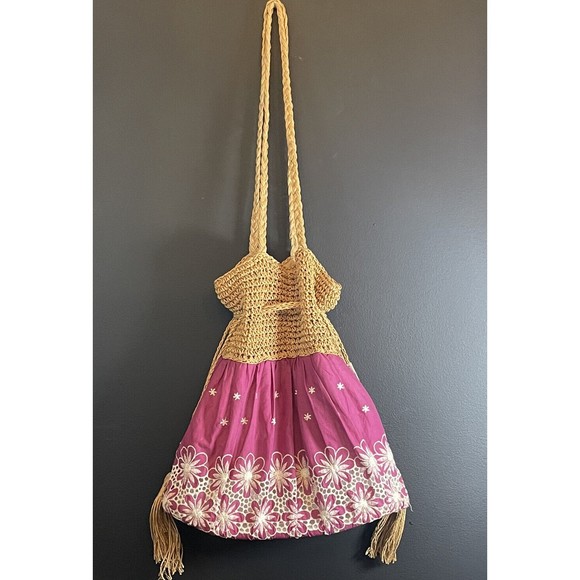 Sun ‘n’ Sand Orchid Embroidered Floral Straw Drawstring Beach Bag Tote Boho - Picture 1 of 8